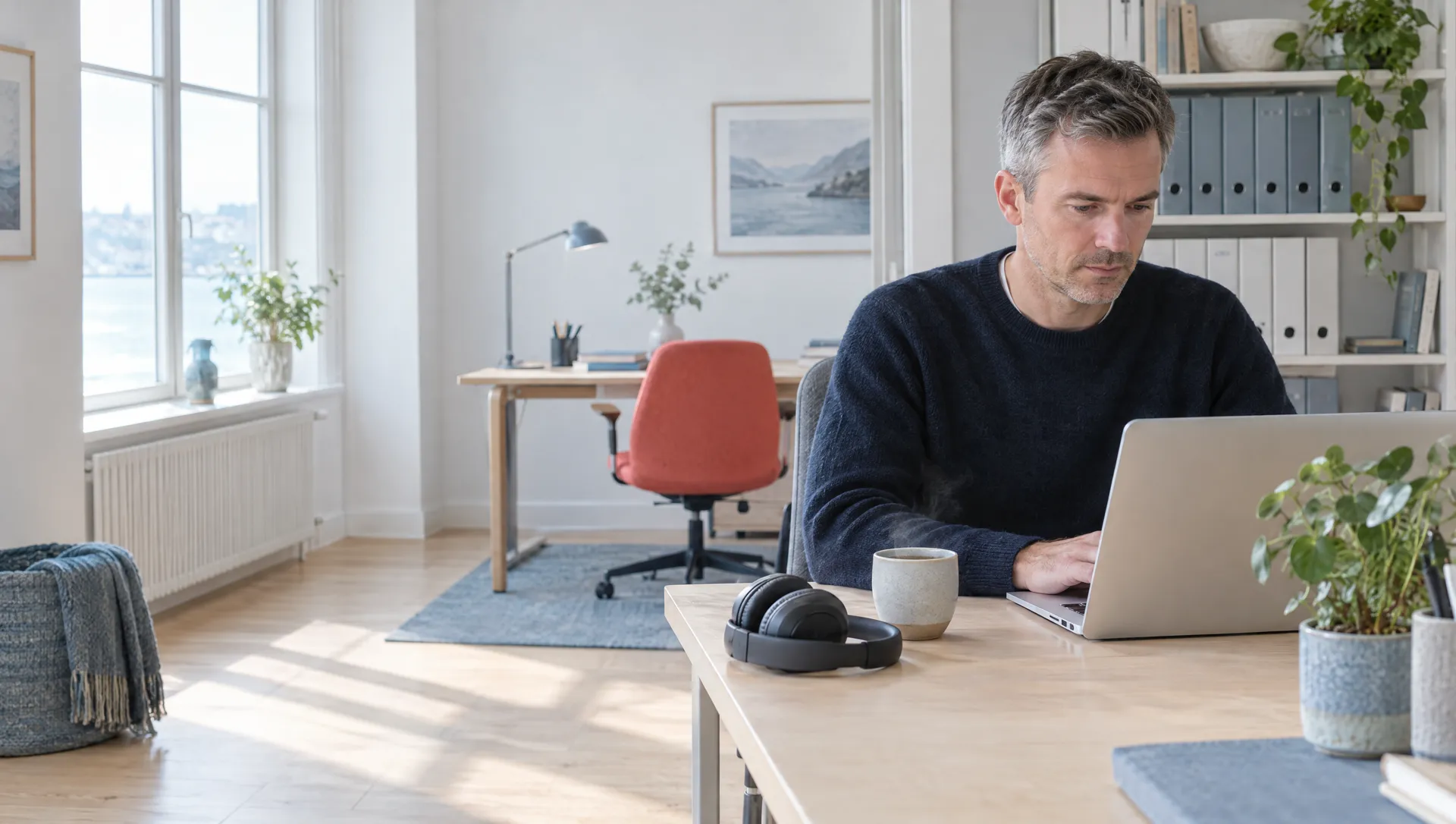En medarbejder arbejder koncentreret ved sit skrivebord med en kop kaffe